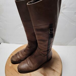 COLE HAAN Leather Boots Women 6 B Brown Gold Buckle Knee High Zip Riding Casual